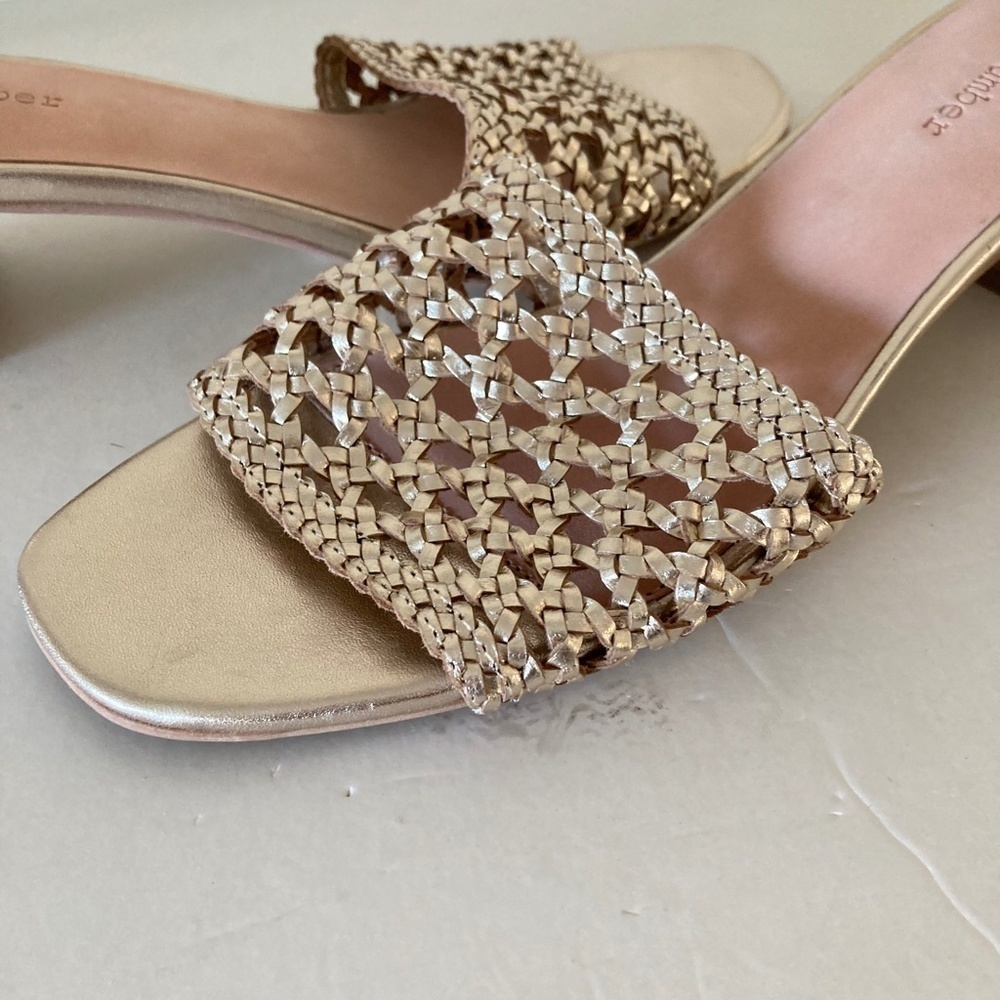 NWOT Salt + Umber Anthropologie Tripoli Gold Leather Woven Heels - Picture 5 of 8